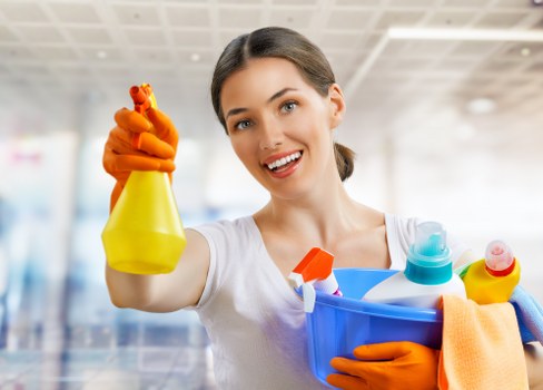 Cleaner preparing safe cleaning equipment in a home setting