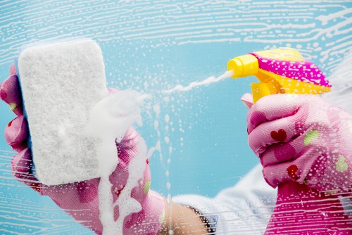 Commercial cleaning supplies and tidy office interior in Ruislip